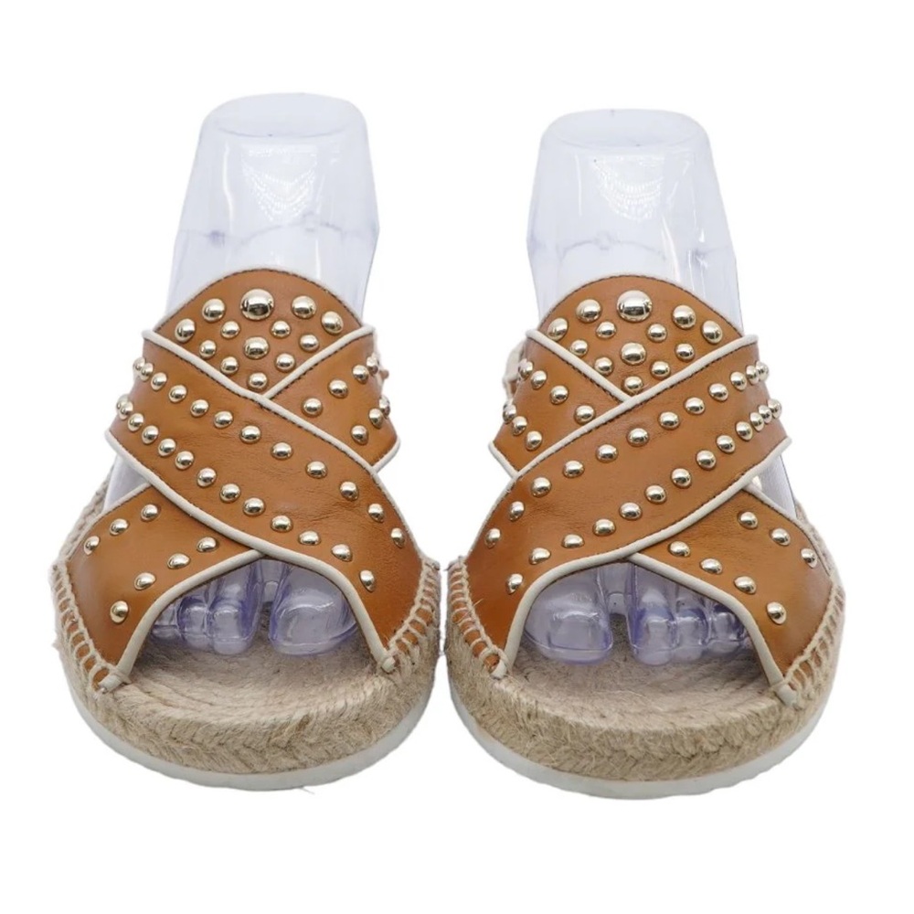 See By Chloé Pia Studded Crisscross Leather Espadrille Slides in Tan - Picture 6 of 10